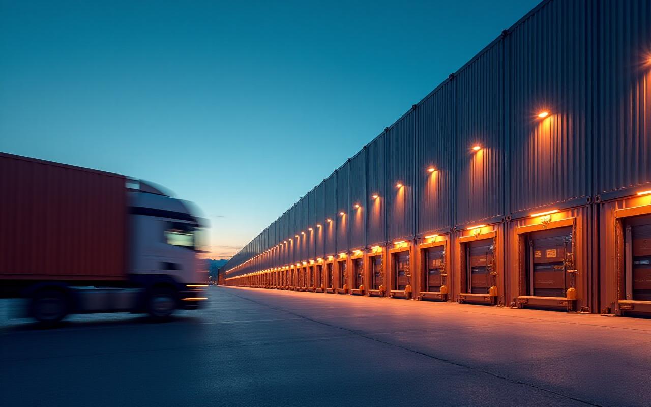 Modern logistics terminal at dusk