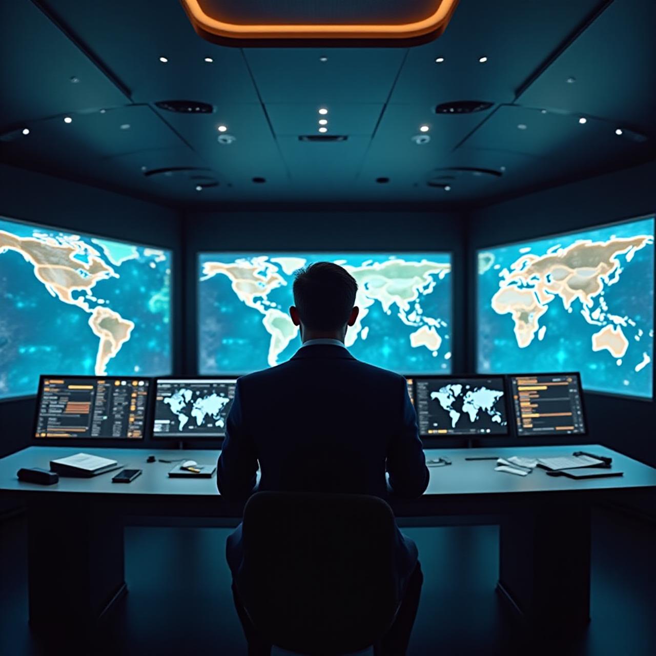 Global logistics control room with high-tech displays
