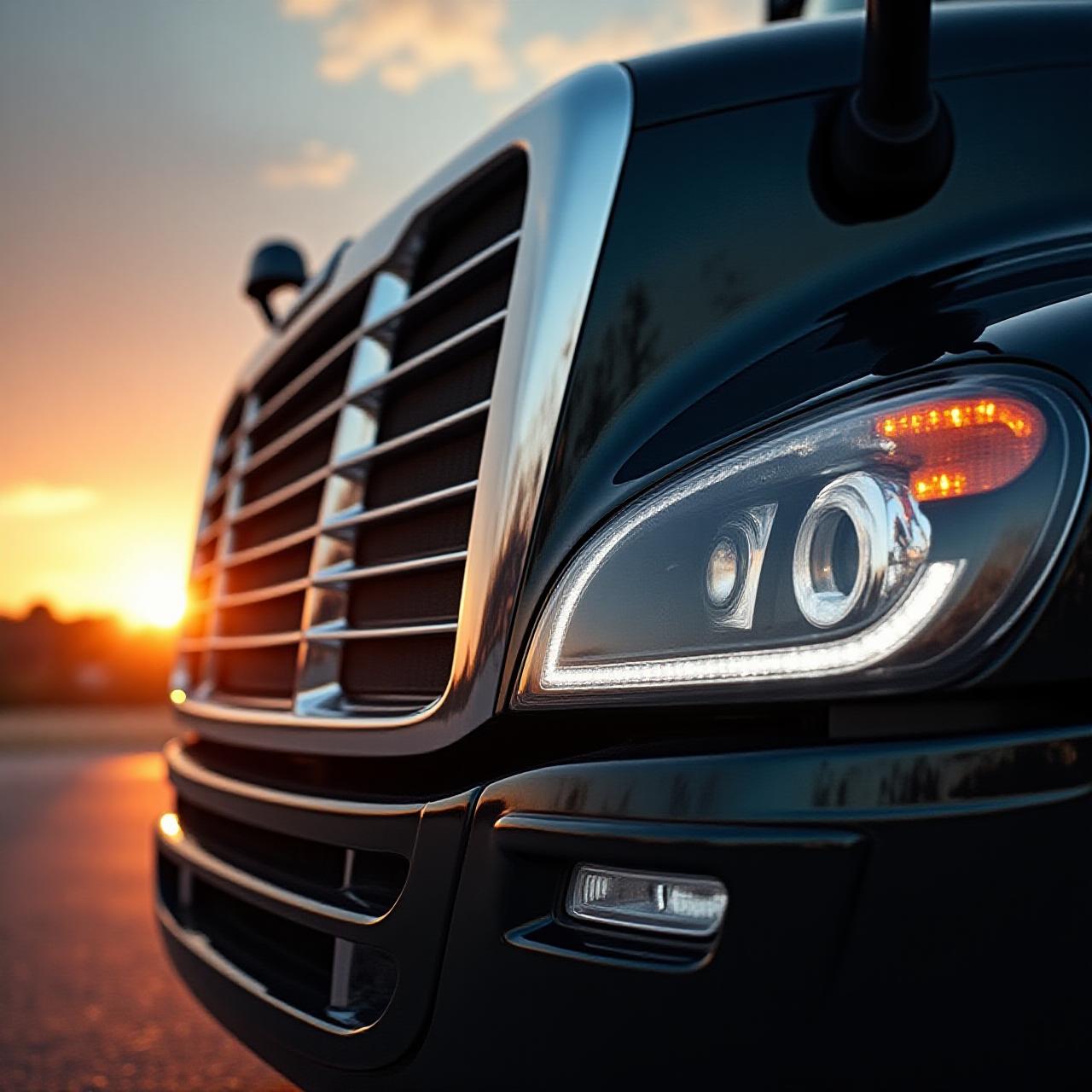Close-up of a premium heavy-duty truck chrome detail at dusk